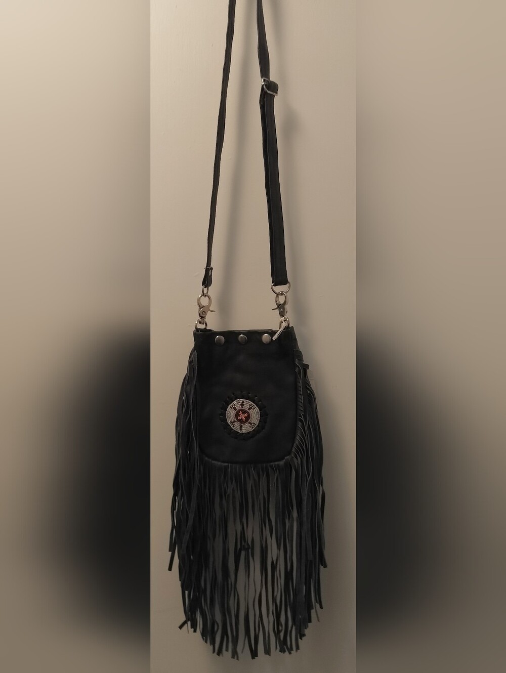Black Fringe Crossbody Bag with Beaded Medallion